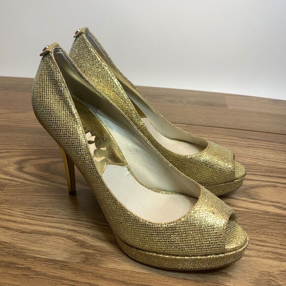 Michael Kors York Pump Open Toe Platform Glitter Silver Gold Size 10M Peep Toe - Picture 1 of 11